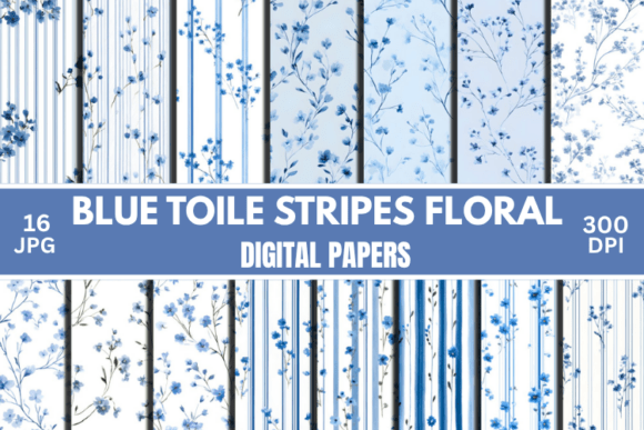 Blue Toile Digital Paper, Floral Pattern
