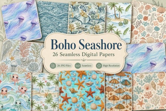 Boho Seashore Seamless Digital Bundle: A Coastal Canvas for Creative Expression