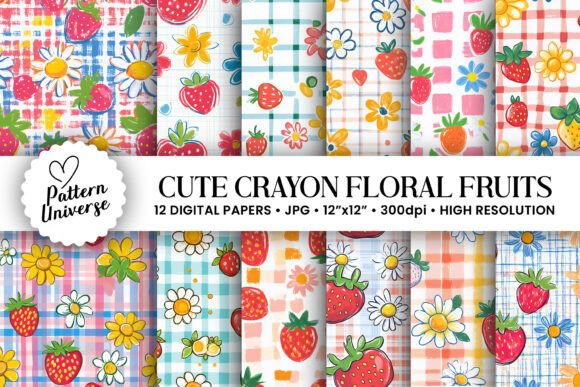 Cute Crayon Floral Fruits Patterns: A Versatile Design for Creative Projects