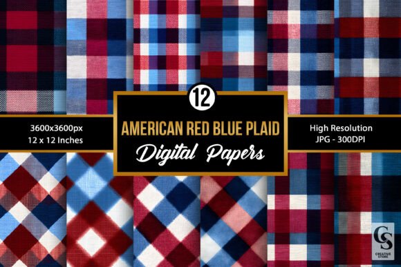 Red Blue Patriotic Plaid Digital Paper