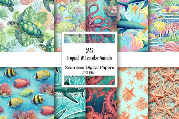 Tropical Watercolor Animals Paper Pack Seamless Digital Bundle