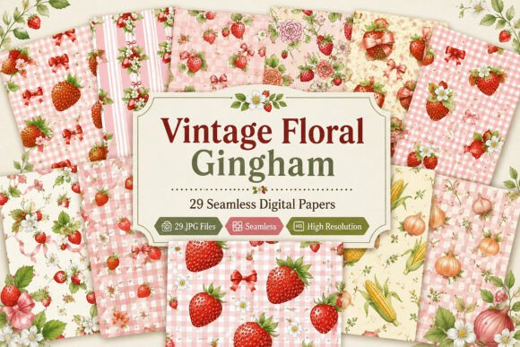 Vintage Floral Gingham Digital Pattern